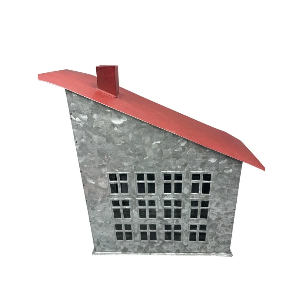 Galvanized Metal House Lantern Red Roof Chimney Window‎ Panes Rustic Farmhouse